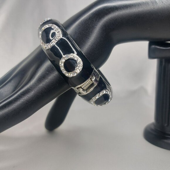 Lia Sophia Bracelet Black Shiny Oval Rhinestones Enamel Clamper Safety Clasp EUC - Picture 6 of 9
